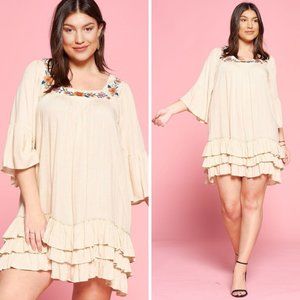 Ruffle Sleeve Floral Embroidered Neck Mini Dress